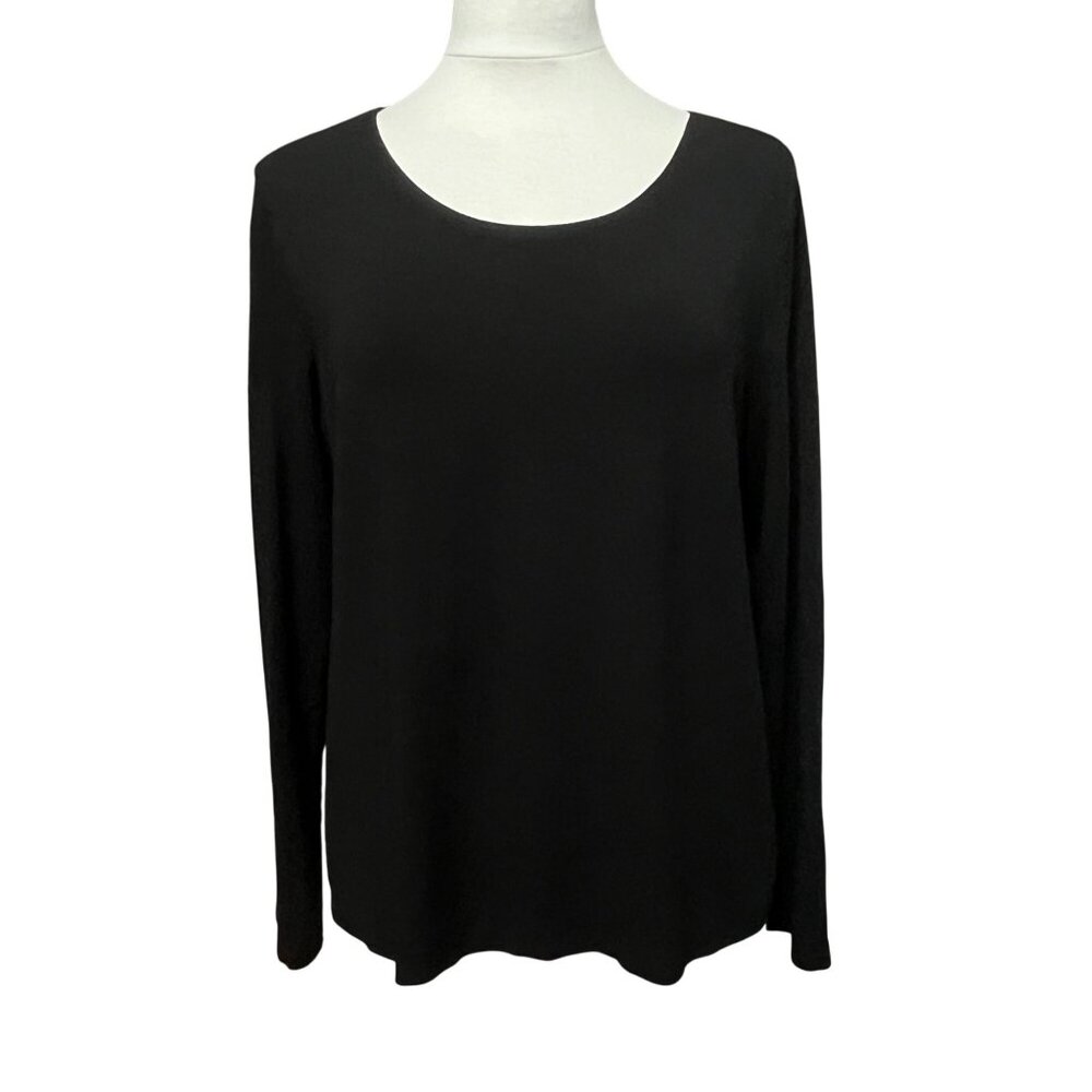 Eileen‎ Fisher Womens Black Basic Long Sleeve Top Scoop Neck Viscose Size Large